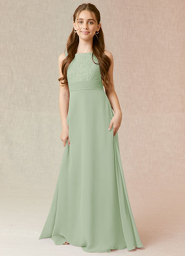 Azazie Snow Junior Abito A-Line in Chiffon Pizzo Verde Salvia image1