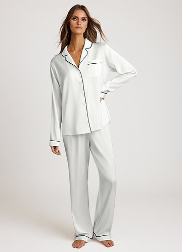 front White Long Sleeves and Pants Satin PJ Set