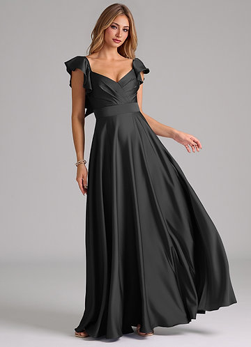 Azazie Leilani Bridesmaid Dresses Black A-Line Ruched Stretch Satin Dress image1
