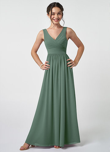 Azazie Keyla Junior Eucalyptus A-Line Pleated Chiffon Dress image1