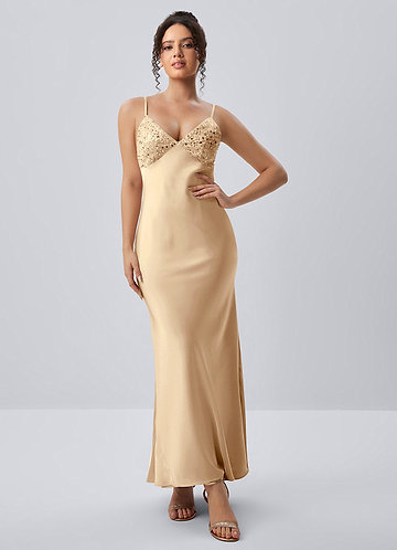 Paloma Champagne Maxi-jurk van satijn met kralen en strik op de rug image1