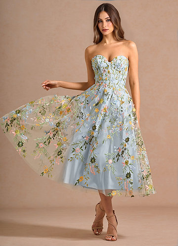 azazie blue floral dress Azazie Bondi Blue Cottage Floral Chiffon Bridesmaid Dresses