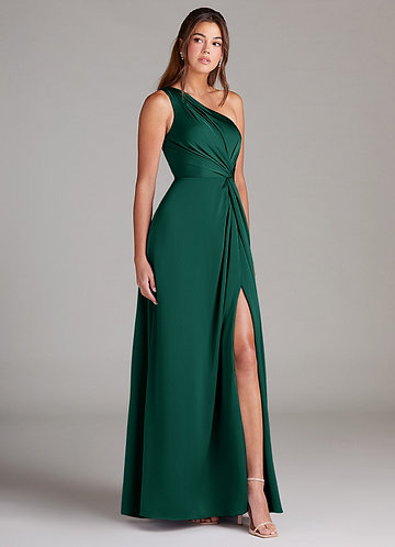 Azazie Brooke Bridesmaid Dresses Emerald A-Line One Shoulder Stretch Satin Dress image1