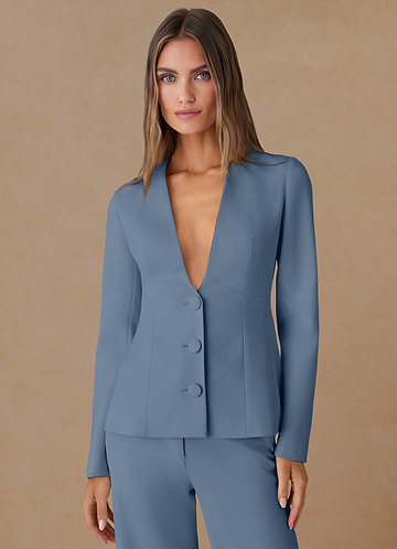 front Elara Dusty Blue Refined Weave Tailored Blazer
