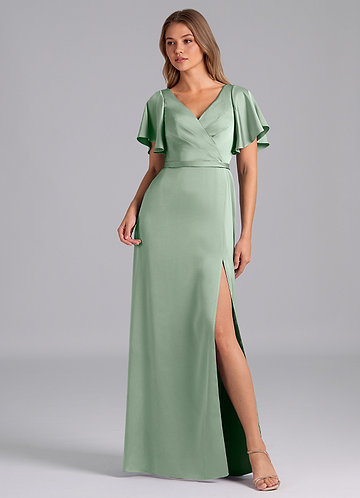 Azazie Ambrosia Bridesmaid Dresses Vestido Agave de Cetim elástico de Linha A com Plissado image1