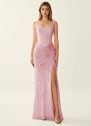 Belinda Rosa Meerjungfrauen-Abendkleid mit 3D-Blumen-Korsett und Schnürung am Rücken image1