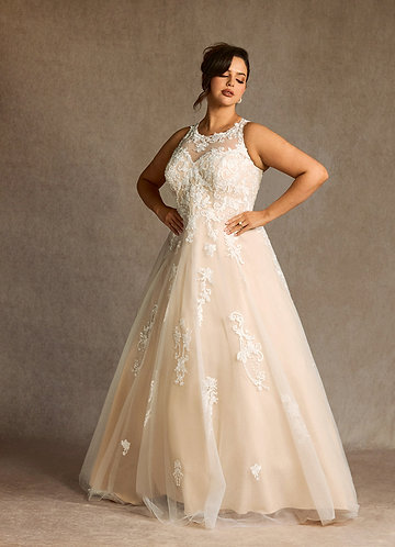 Azazie Melrose Wedding Dresses Diamond White Champagne A-Line Sweetheart Lace Tulle Dress image1 0