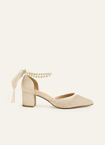 front Matching Color Matte Satin Pearl and Bow Pointed Toe Block Heels