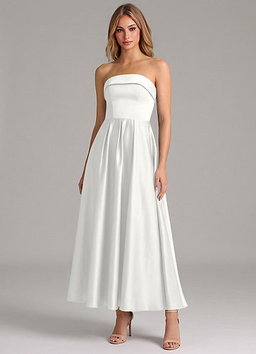 Azazie Lucienne Bridesmaid Dresses White A-Line Pleated Stretch Satin Dress image1