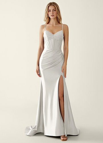 Indigo White Satin V-neck Sequins Mermaid Prom Dress image1