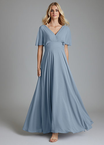 Azazie Pamela Bridesmaid Dresses Dusty Blue A-Line V-Neck Pleated Chiffon Dress image1