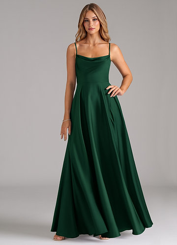 Azazie Elle Bridesmaid Dresses Dark Green A-Line Pleated Stretch Satin Dress image1