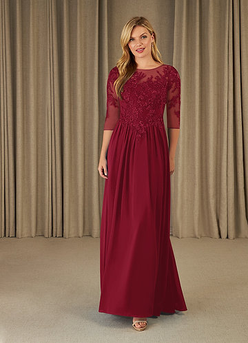 Azazie Mirielle Vestidos de Madre de la Novia Vestido de Borgoña de Gasa de Corte En A con Encaje Scoop image1