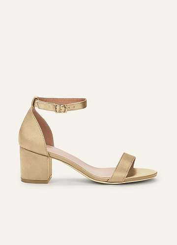 front Matching Color Metallic Satin One Strap Buckle Block Heel Sandals