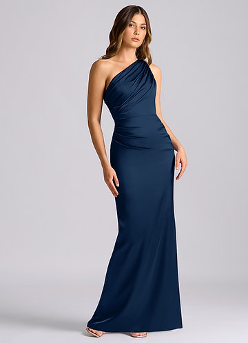 Azazie Akilah Bridesmaid Dresses Dark Navy Mermaid One Shoulder Stretch Satin Dress image1
