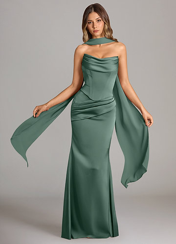 Azazie Sorrel Vestidos Dama de Honor Vestido de Eucalipto de Satén Elástico de Corte Sirena Convertible con Sin tirantes image1