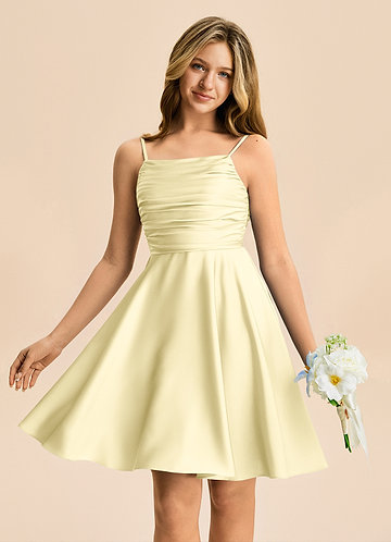 Azazie Miko Junior Vestido de Sorbete De Limón de Satén Elástico de Corte en A con Plisado image1