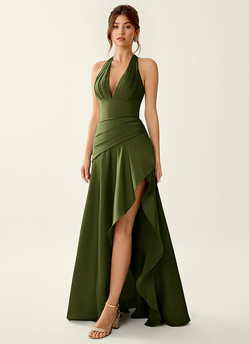 Titania Olive Satin V-neck Ruffled Prom Dress image1