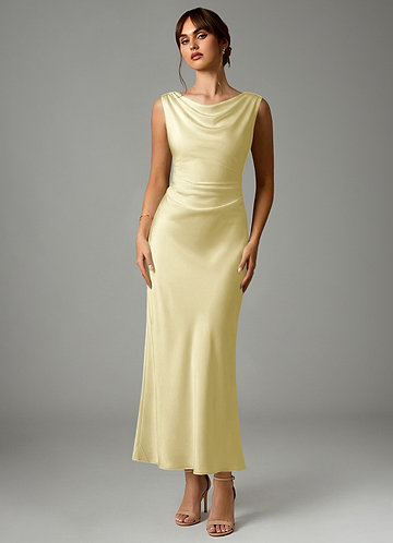Azazie Kieryn Brautjungfernkleider Meerjungfrau-Linie Plissee Stretch-Satin Kleid Zitronensorbet image1