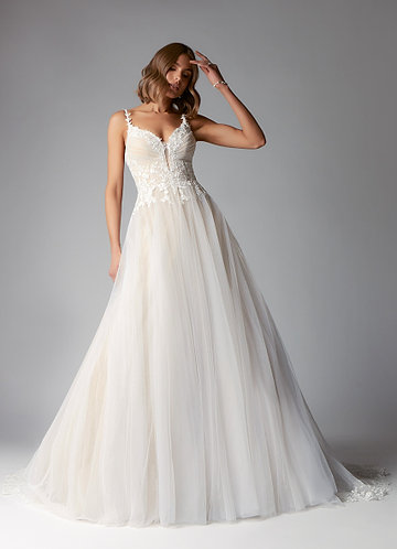 Champagne Satin Lace & Tulle A-line Wedding Dress
