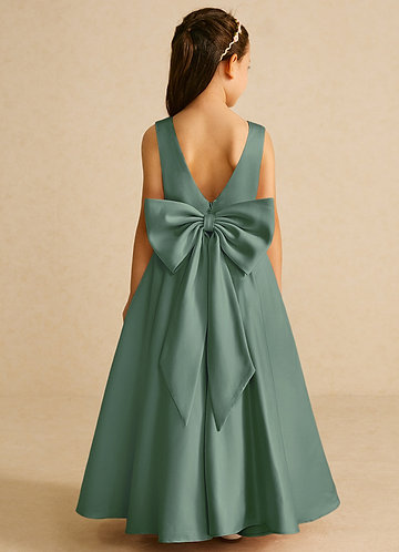 Azazie Pipsy Flower Girl Dresses Eucalyptus A-Line Bow Matte Satin Dress image1 0