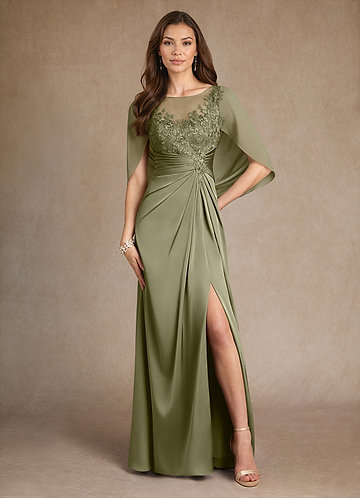 Azazie Hera Mother of the Brides Dresses Pistachio A-Line Lace Stretch Satin Dress image1