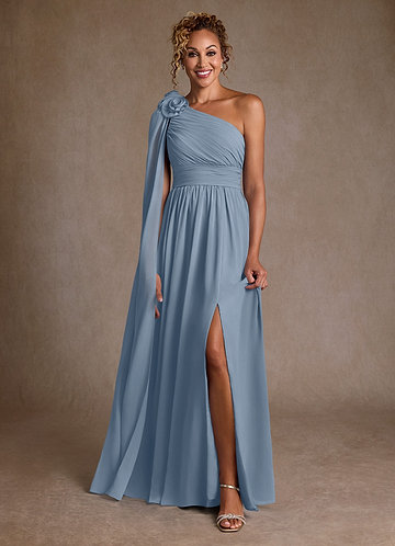 Azazie Lancaster Robe Mère de la Mariée & du Marié Robe Trapèze en Mousseline de soie Une épaule Bleu Poussiéreux image1