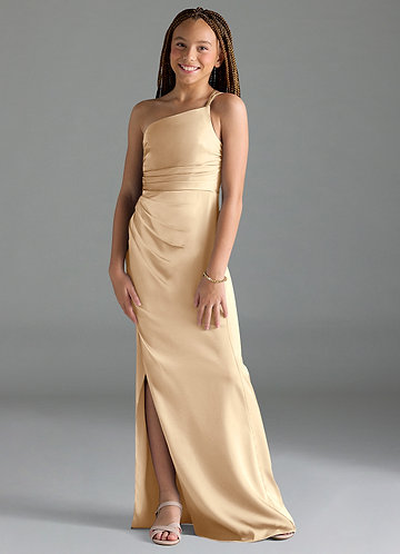 Azazie Eren Junior Vestido Champanhe de Cetim elástico de Bainha com Plissado image1