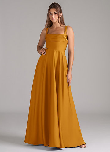 Azazie Shaude Bridesmaid Dresses Vestido Caramelo de Cetim elástico de Linha A com Plissado image1