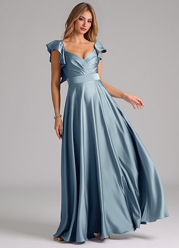Azazie Leilani Bridesmaid Dresses Dusty Blue A-Line Ruched Stretch Satin Dress image1