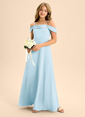Azazie Anselie Junior Vestido de Azul Cielo de Satén Elástico de Corte En A con Vestidos sin tirantes image1