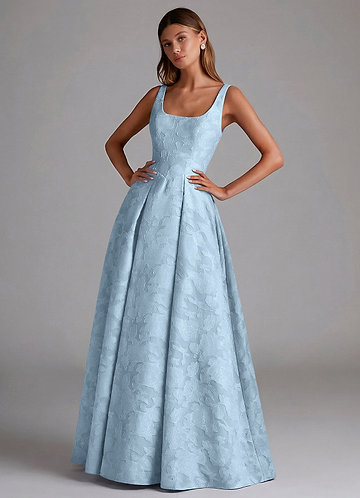 Azazie Amalie Vestidos Dama de Honor Vestido de Azul Cielo de Devorado Floral de Corte en A con Plisado image1