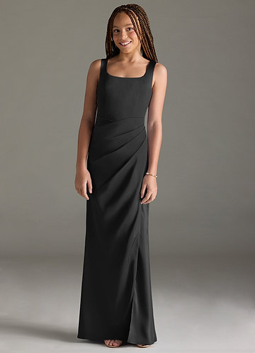 Azazie Mero Junior Vestido de Negro de Satén Elástico de Corte Sirena con Plisado image1