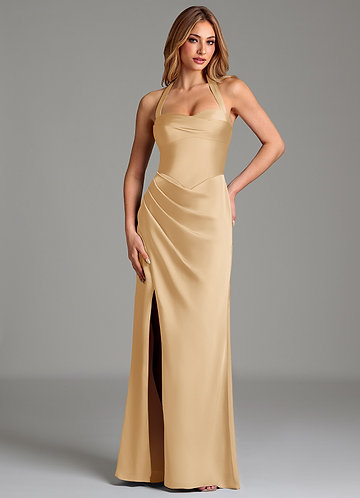 gold flowy bridesmaid dress Silky Satin Midi Gold
