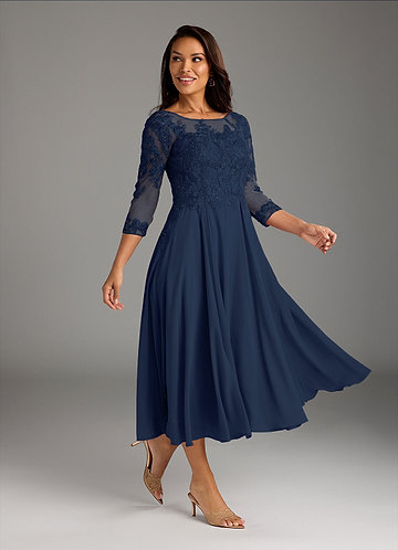Azazie Marge Mother of the Brides Dresses Dark Navy A-Line Scoop Lace Chiffon Dress image1