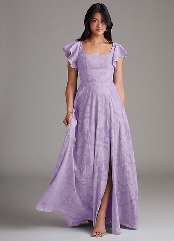 Azazie Bondi Bridesmaid Dresses Lilac A-Line Side Slit Floral Burnout Dress image1