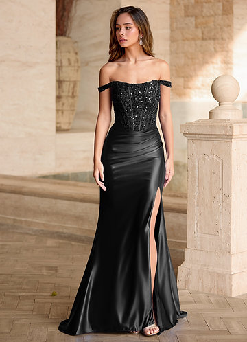 Valeria Nero Abito da ballo in raso con corsetto e paillettes in velluto image1