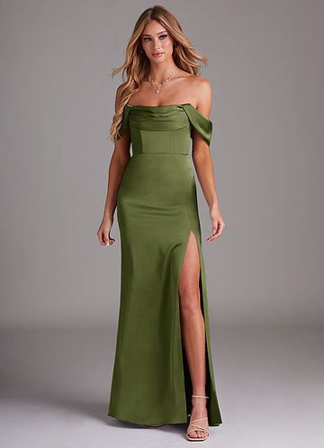 Azazie Saige Bridesmaid Dresses Olive Sheath Off the Shoulder Stretch Satin Dress image1
