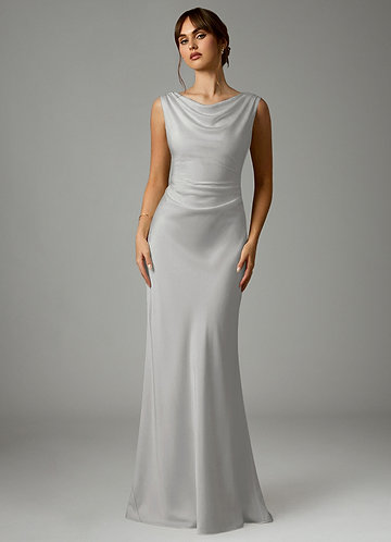 Azazie Elle Silver Stretch Satin Bridesmaid Dresses | Azazie