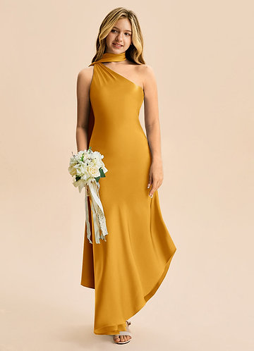 Azazie Briony Junior Vestido Caramelo de Cetim elástico de Bainha com Plissado image1