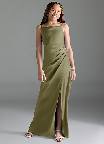 Azazie Leonis Junior Pistachio A-Line Pleated Stretch Satin Dress image1