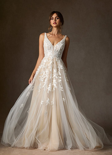 Azazie Sorella Wedding Dresses Diamond White Champagne A-Line V-Neck Sequins Tulle Dress image1