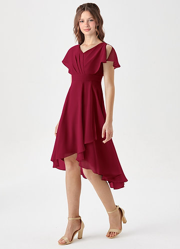 david's bridal chiffon bridesmaid dresses Scoop Lace Sleeves Long Chiffon Junior Bridesmaid Dress With Bowknot –  DUNTERY UK main image 0