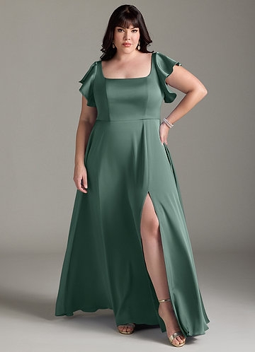eucalyptus green bridesmaid dresses plus size Ever-Pretty High-Slit Chiffon Bridesmaid Dress with Long Sleeves and Waist Pleating