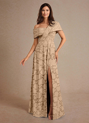 Azazie Milton Mother of the Bride Dresses Vestido Champanhe de Esgotamento Floral de Linha A com Plissado image1