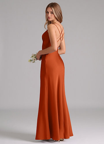 Azazie Suttona Vestidos Dama de Honor Vestido de Naranja Quemada de Satén Elástico de Corte en A con Plisado image1