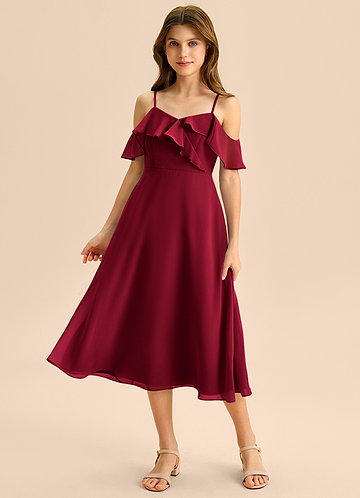 Azazie Kamilla Junior Abito A-Line in Chiffon a Spalla Scoperta Borgogna image1