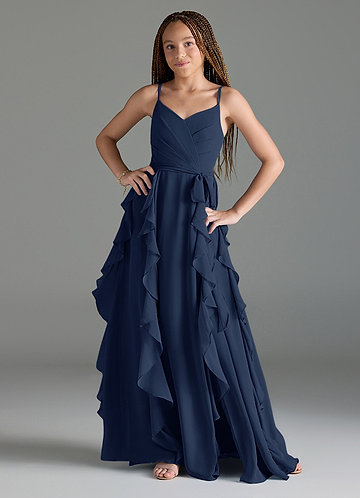 Azazie Peyton Junior Dark Navy A-Line V-Neck Cascading Ruffles Chiffon Dress image1