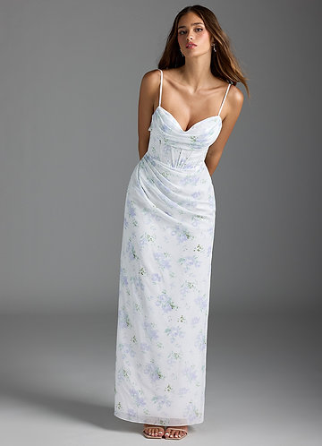 Blue Floral Bridesmaid Dresses, Blue Vintage Patterned Dress