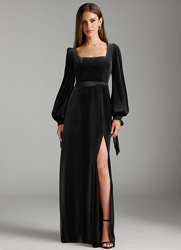 Azazie Leonia Bridesmaid Dresses Black A-Line Long Sleeve Velvet Dress image1
